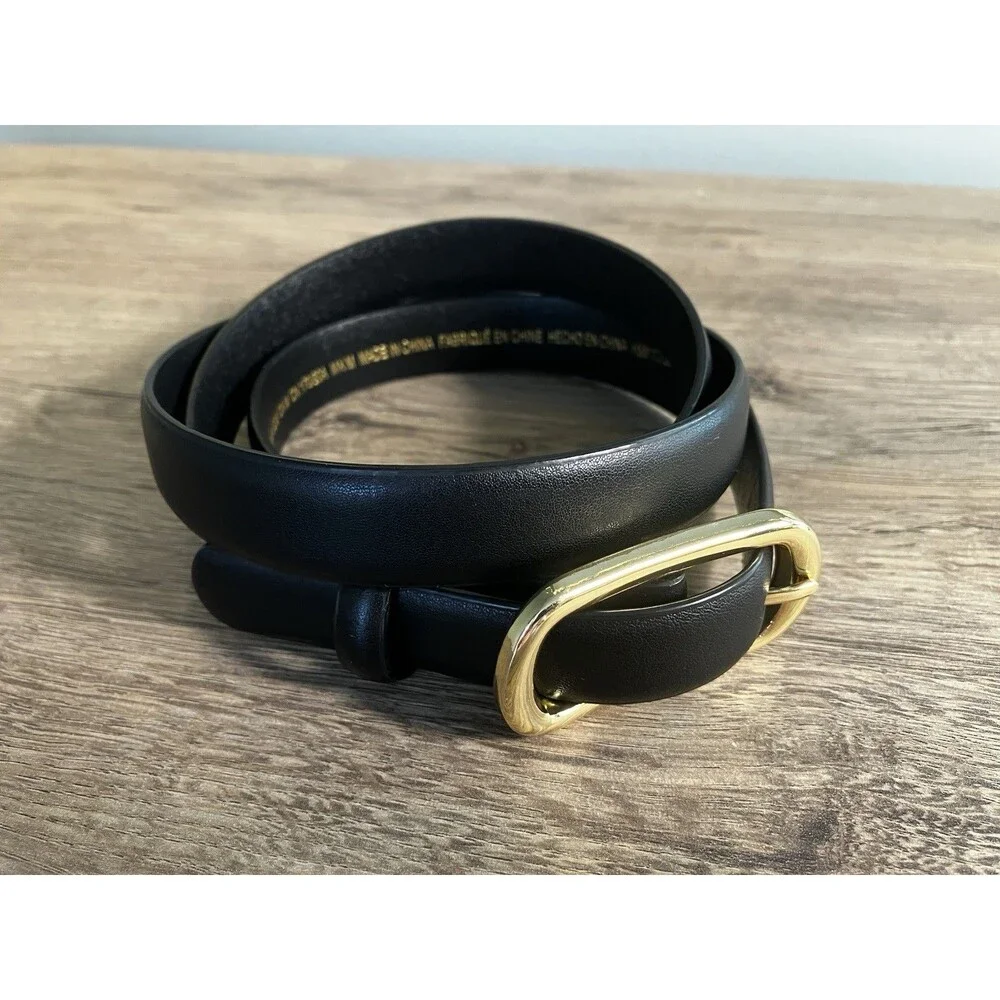 H&M Skinny Black Genuine Split Leather Belt Gold Buckle Size M Excellent